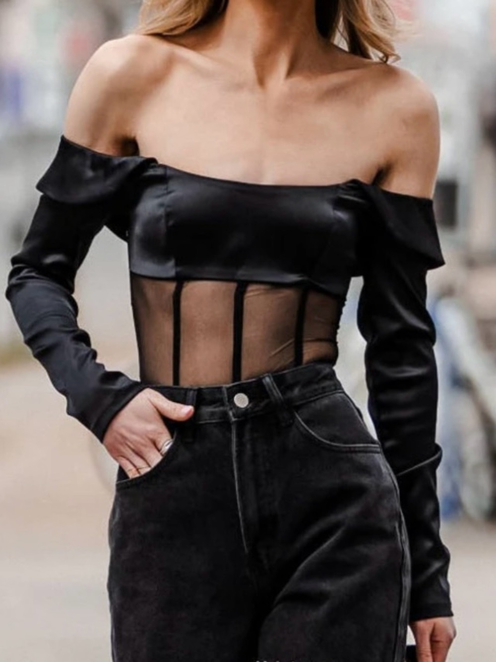 Off-Shoulder Black Mesh Corset Top